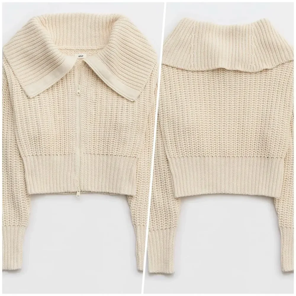 Aerie | Women | Double Zip Cream Ribbed Cotton Yarn Cropped Cardigan | Small